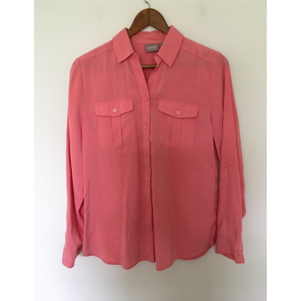 Chicos Coral Modal Roll Tab Sleeve Button Down Shirt Sz 0 Pockets Soft